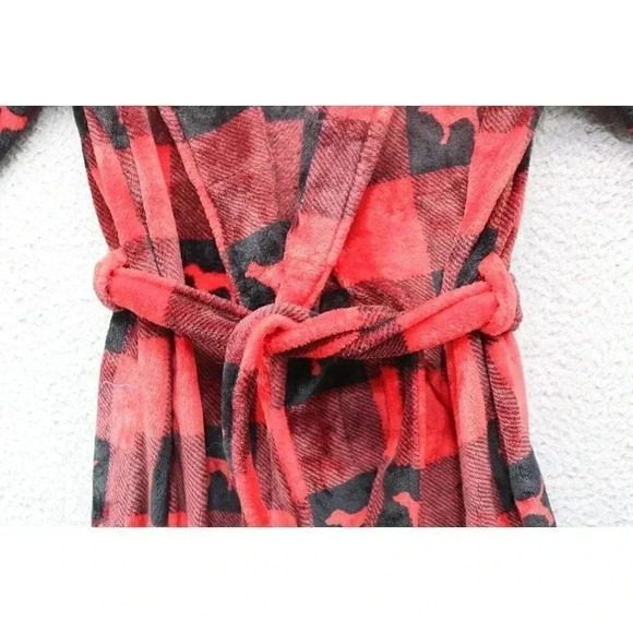 Women's Pink-Victoria's Secret Robe-Plush Velour-Red & Black-S/SP-Puppies - Picture 5 of 8